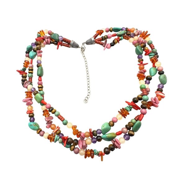 American Southwest Womens Necklace Sterling Silver Multi Strand Turquoise Amber - Picture 4 of 4